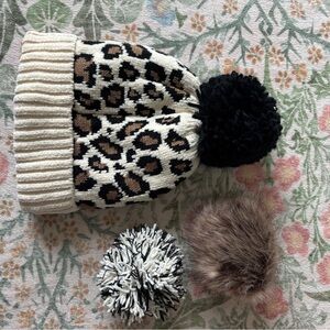 Leopard Print Beanie Hat with changeable Pom Poms